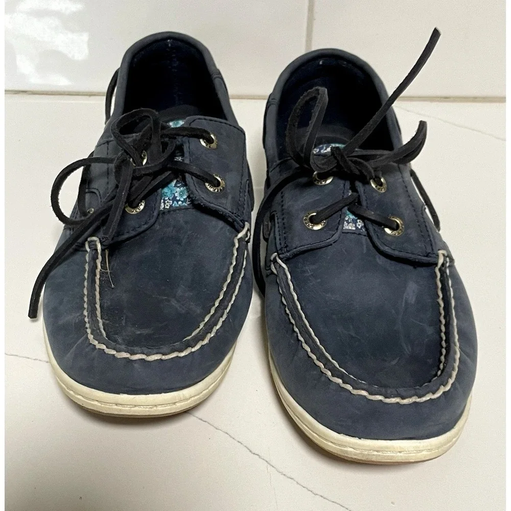 Sperry Top-Sider Women Boat Shoe Blue Leather Floral Print STS88692  Size 8 1/2W